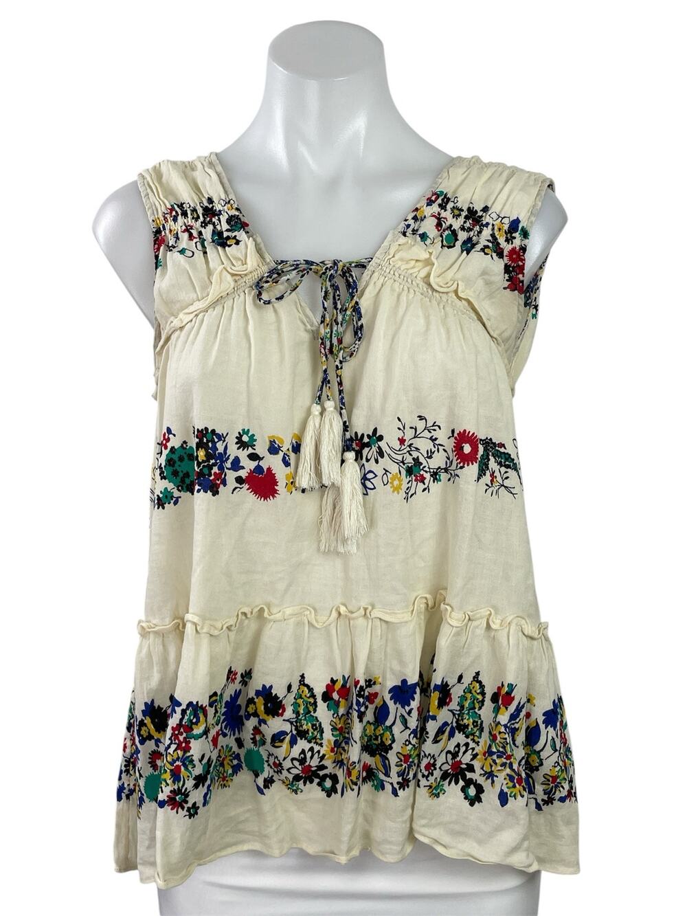 Derek Lam 10 Crosby Cream Floral Tassel Tie Ruffle Tiered Boho Blouse Top Sz 00